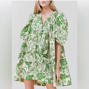 HUNTER BELL Green Floral Mini Dress on Cream